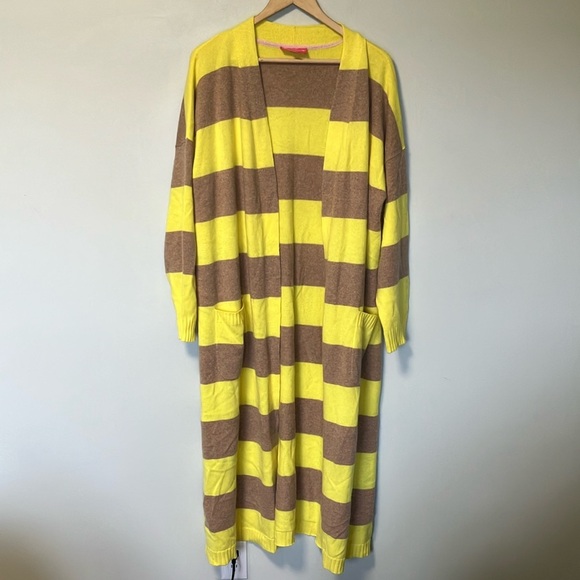Isaac Mizrahi 100% Cashmere Yellow and Tan Striped Maxi Long Cardigan - Picture 1 of 6